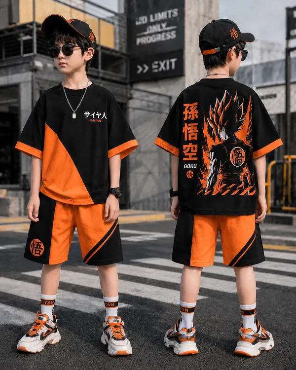 Boys_Orange_Color_Stylized_cotton_anime_style_Half_Sleeve_and_Half_pant_Set