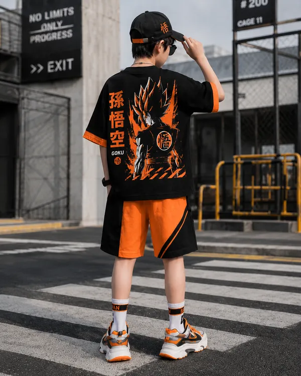 Boys_Orange_Color_Stylized_cotton_anime_style_Half_Sleeve_and_Half_pant_Set