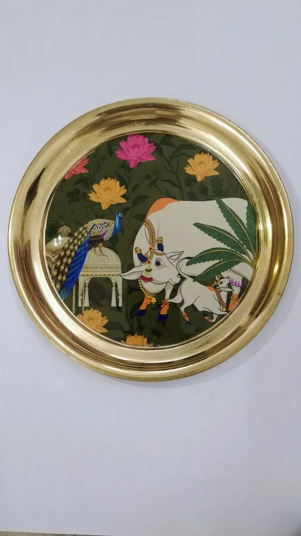 8_Inch_Forest_Green_Kamdhenu_Peacock_Brass_Thali