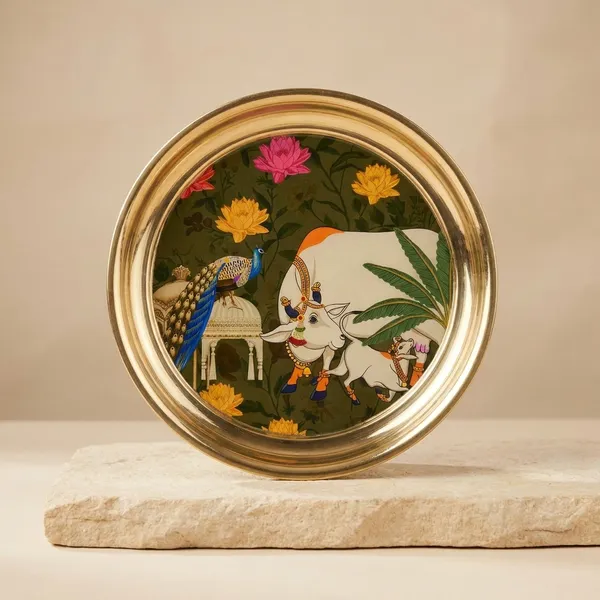 8_Inch_Forest_Green_Kamdhenu_Peacock_Brass_Thali