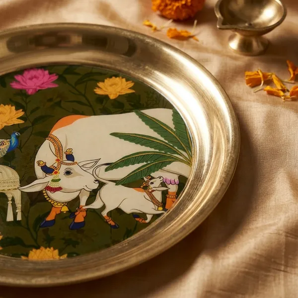 8_Inch_Forest_Green_Kamdhenu_Peacock_Brass_Thali