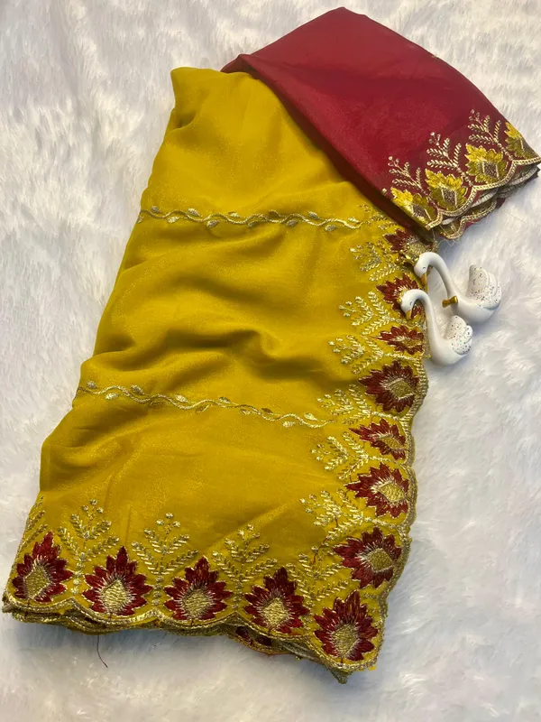 Embroidered_Haldi_Saree_with_Blouse_Piece,_Yellow_and_Pink,_Floral_Border_Design,_Traditional_Indian