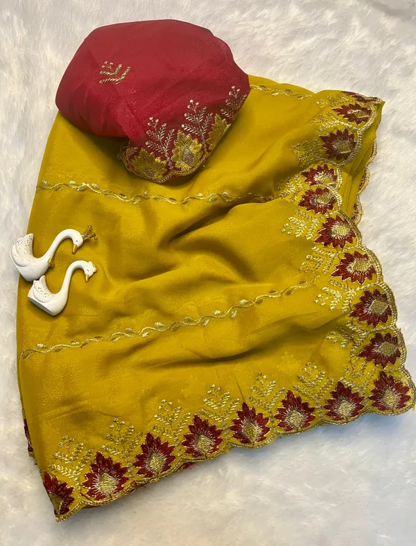 Embroidered_Haldi_Saree_with_Blouse_Piece,_Yellow_and_Pink,_Floral_Border_Design,_Traditional_Indian