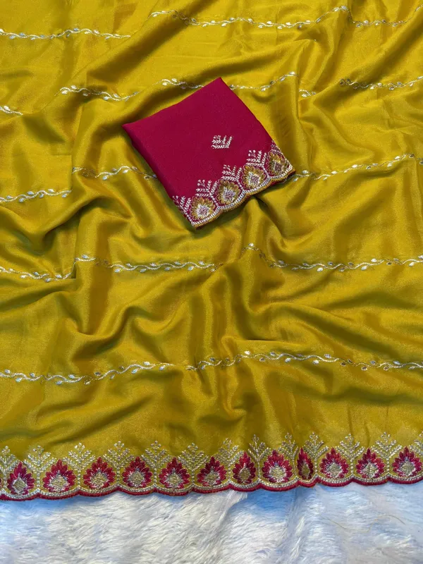Embroidered_Haldi_Saree_with_Blouse_Piece,_Yellow_and_Pink,_Floral_Border_Design,_Traditional_Indian
