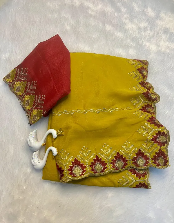 Embroidered_Haldi_Saree_with_Blouse_Piece,_Yellow_and_Pink,_Floral_Border_Design,_Traditional_Indian