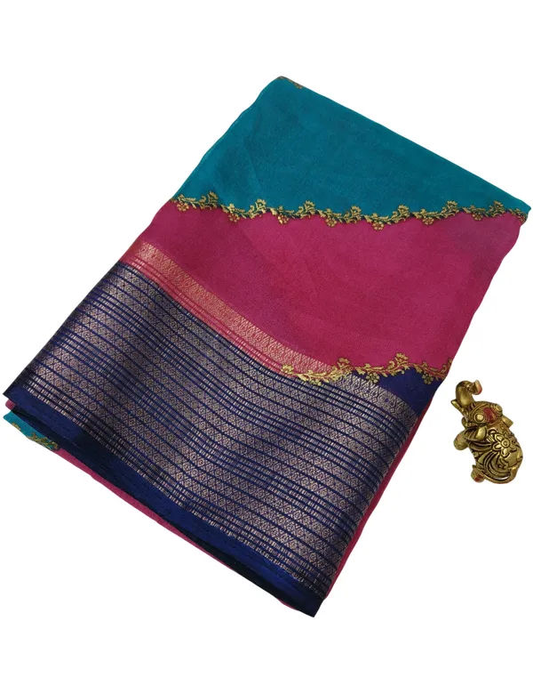 Ragreeti_Lifestyle_Royal_Blue_And_Turquoise_Georgette_Silk_Blend_Saree_-_Woven_Temple_Border_Bollywood_Style_Printed_Saree_For_Sangeet