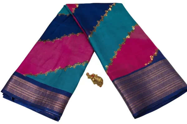 Ragreeti_Lifestyle_Royal_Blue_And_Turquoise_Georgette_Silk_Blend_Saree_-_Woven_Temple_Border_Bollywood_Style_Printed_Saree_For_Sangeet