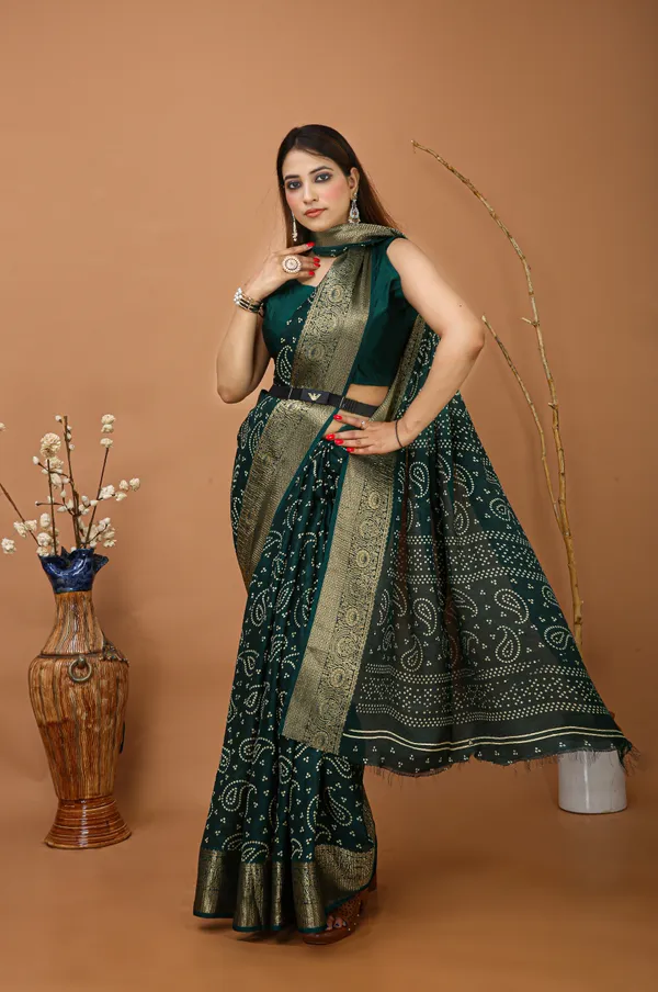 Ragreeti_Lifestyle_Printed_Bandhani_Silk_Blend_Saree,_Woven_Zari_Border,_Bollywood_Style,_Bottle_Green