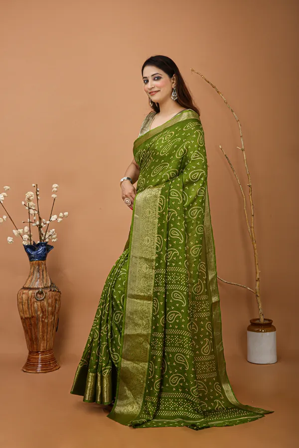 Ragreeti_Lifestyle_Printed_Bandhani_Silk_Blend_Saree,_Woven_Zari_Border,_Bollywood_Style,_Olive_Green