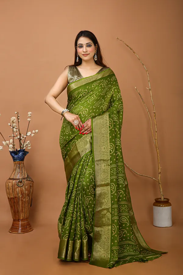 Ragreeti_Lifestyle_Printed_Bandhani_Silk_Blend_Saree,_Woven_Zari_Border,_Bollywood_Style,_Olive_Green