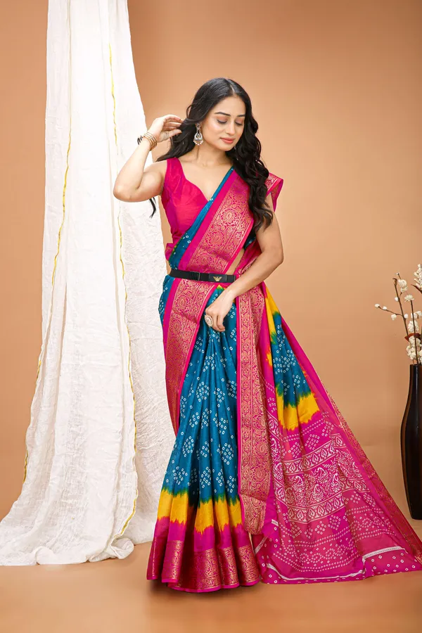 Ragreeti_Lifestyle_Multicolour_Bandhani_Silk_Saree_|_Tie-Dye_Print_with_Woven_Zari_Border_&_Floral_Pallu_(Teal,_Yellow_&_Pink)