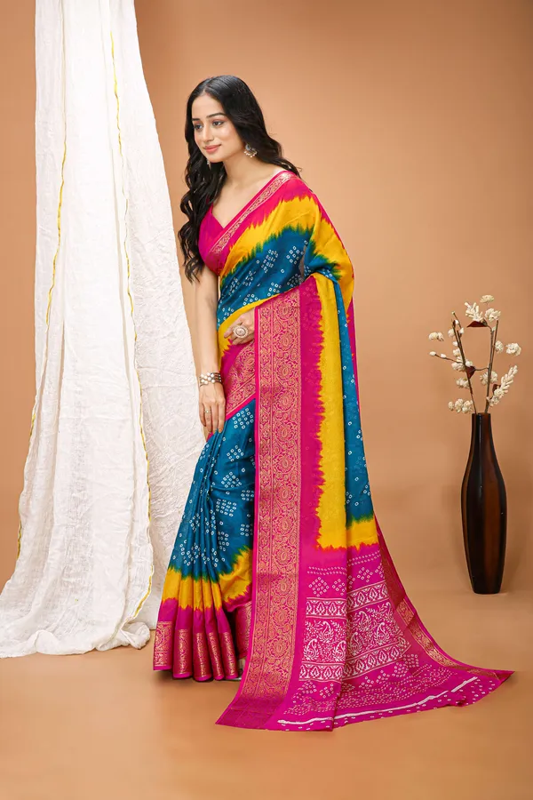 Ragreeti_Lifestyle_Multicolour_Bandhani_Silk_Saree_|_Tie-Dye_Print_with_Woven_Zari_Border_&_Floral_Pallu_(Teal,_Yellow_&_Pink)