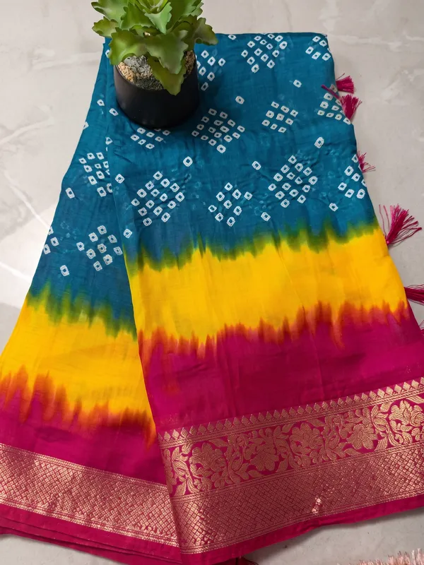 Ragreeti_Lifestyle_Multicolour_Bandhani_Silk_Saree_|_Tie-Dye_Print_with_Woven_Zari_Border_&_Floral_Pallu_(Teal,_Yellow_&_Pink)