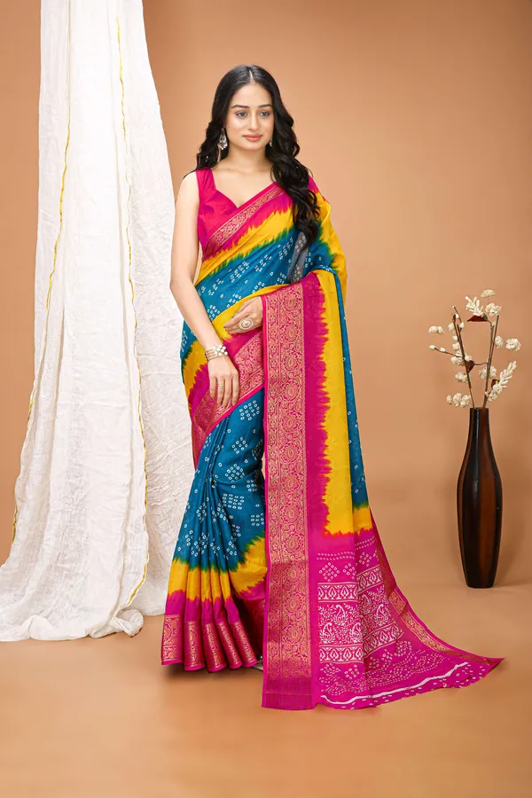 Ragreeti_Lifestyle_Multicolour_Bandhani_Silk_Saree_|_Tie-Dye_Print_with_Woven_Zari_Border_&_Floral_Pallu_(Teal,_Yellow_&_Pink)