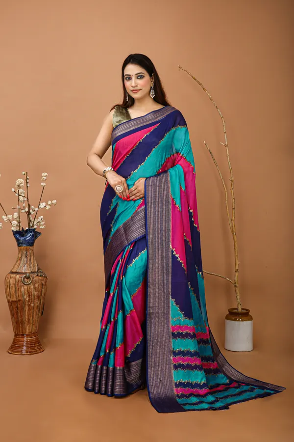 Ragreeti_Lifestyle_Royal_Blue_And_Turquoise_Georgette_Silk_Blend_Saree_-_Woven_Temple_Border_Bollywood_Style_Printed_Saree_For_Sangeet