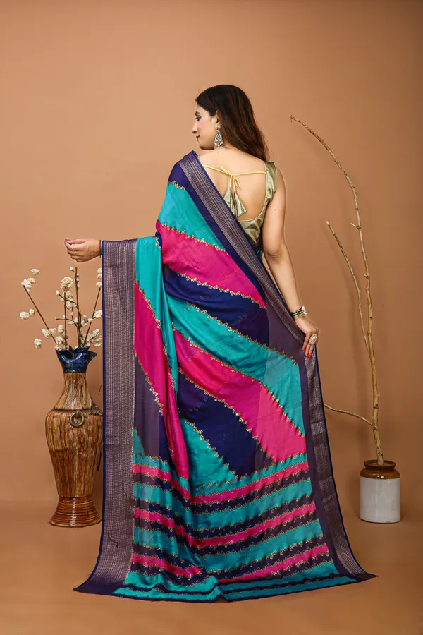 Ragreeti_Lifestyle_Royal_Blue_And_Turquoise_Georgette_Silk_Blend_Saree_-_Woven_Temple_Border_Bollywood_Style_Printed_Saree_For_Sangeet