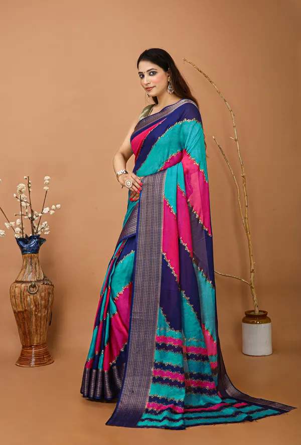 Ragreeti_Lifestyle_Royal_Blue_And_Turquoise_Georgette_Silk_Blend_Saree_-_Woven_Temple_Border_Bollywood_Style_Printed_Saree_For_Sangeet