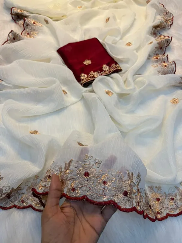 RAGREETI_Embroidered_Bollywood_Chiffon_Saree,_White_and_Maroon,_Floral_Border_with_Blouse_Piece