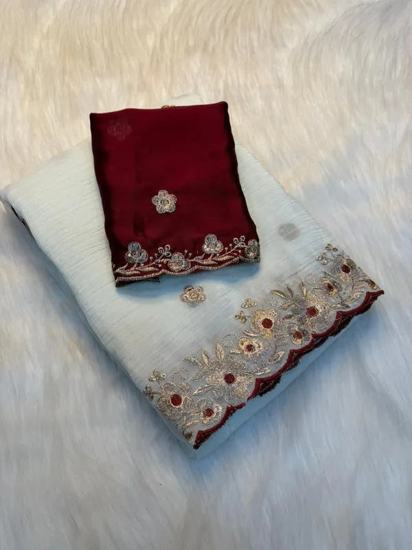 RAGREETI_Embroidered_Bollywood_Chiffon_Saree,_White_and_Maroon,_Floral_Border_with_Blouse_Piece