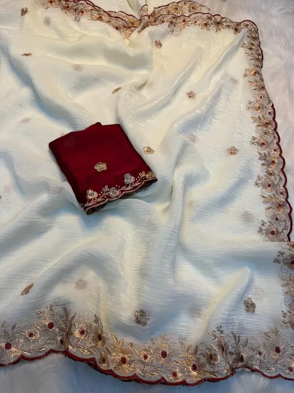 RAGREETI_Embroidered_Bollywood_Chiffon_Saree,_White_and_Maroon,_Floral_Border_with_Blouse_Piece