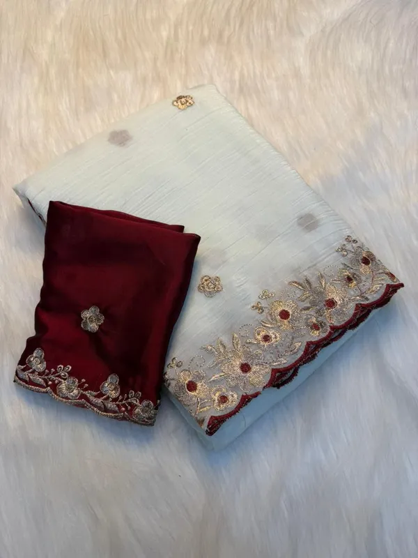 RAGREETI_Embroidered_Bollywood_Chiffon_Saree,_White_and_Maroon,_Floral_Border_with_Blouse_Piece