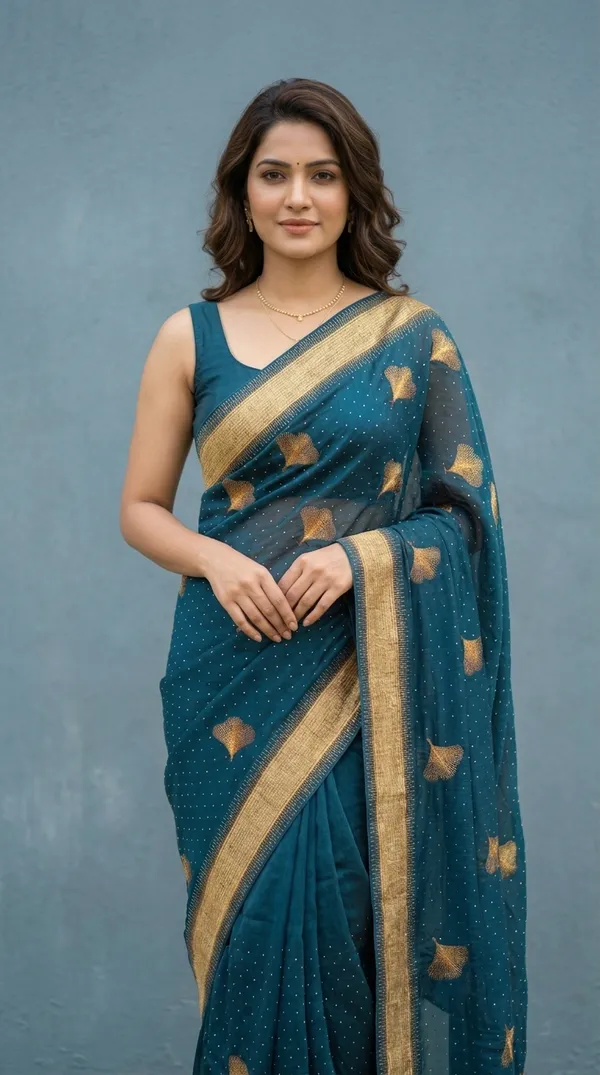 Ragreeti_Lifestyle_Chiffon_Georgette_Saree_|_Gold_Zari_Border_with_Ginko_Leaf_Embroidery_&_Stone_Work_Party_Wear_Sari