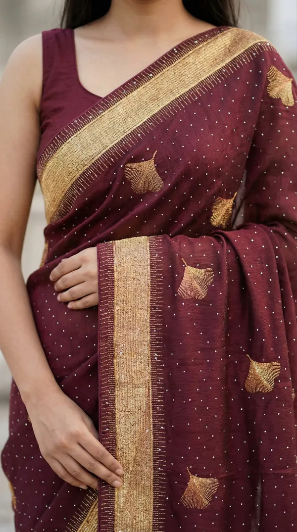 Ragreeti_Lifestyle_Chiffon_Georgette_Saree_|_Gold_Zari_Border_with_Ginko_Leaf_Embroidery_&_Stone_Work_Party_Wear_Sari