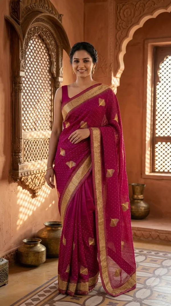 Ragreeti_Lifestyle_Chiffon_Georgette_Saree_|_Gold_Zari_Border_with_Ginko_Leaf_Embroidery_&_Stone_Work_Party_Wear_Sari