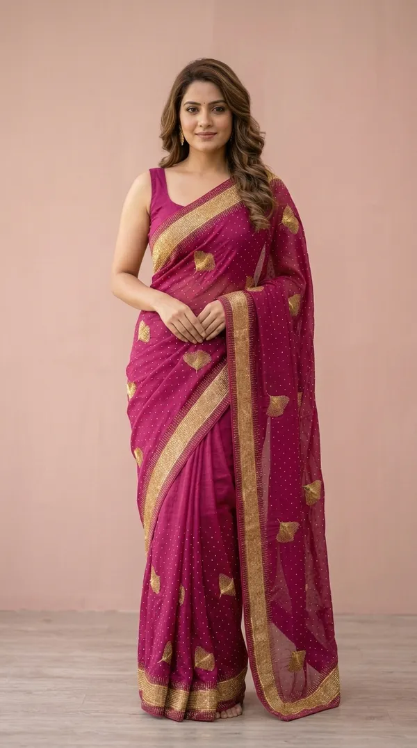 Ragreeti_Lifestyle_Chiffon_Georgette_Saree_|_Gold_Zari_Border_with_Ginko_Leaf_Embroidery_&_Stone_Work_Party_Wear_Sari