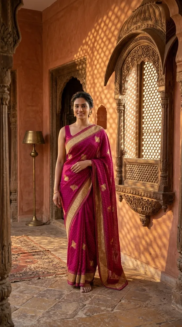 Ragreeti_Lifestyle_Chiffon_Georgette_Saree_|_Gold_Zari_Border_with_Ginko_Leaf_Embroidery_&_Stone_Work_Party_Wear_Sari