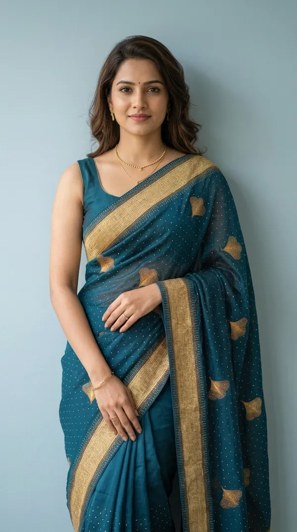 Ragreeti_Lifestyle_Chiffon_Georgette_Saree_|_Gold_Zari_Border_with_Ginko_Leaf_Embroidery_&_Stone_Work_Party_Wear_Sari