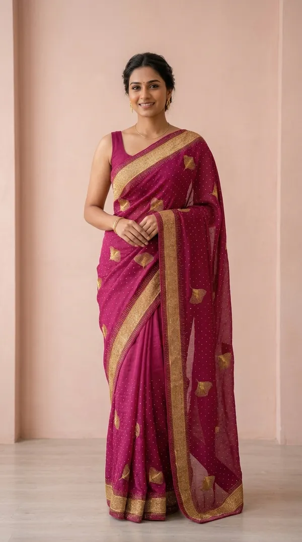 Ragreeti_Lifestyle_Chiffon_Georgette_Saree_|_Gold_Zari_Border_with_Ginko_Leaf_Embroidery_&_Stone_Work_Party_Wear_Sari