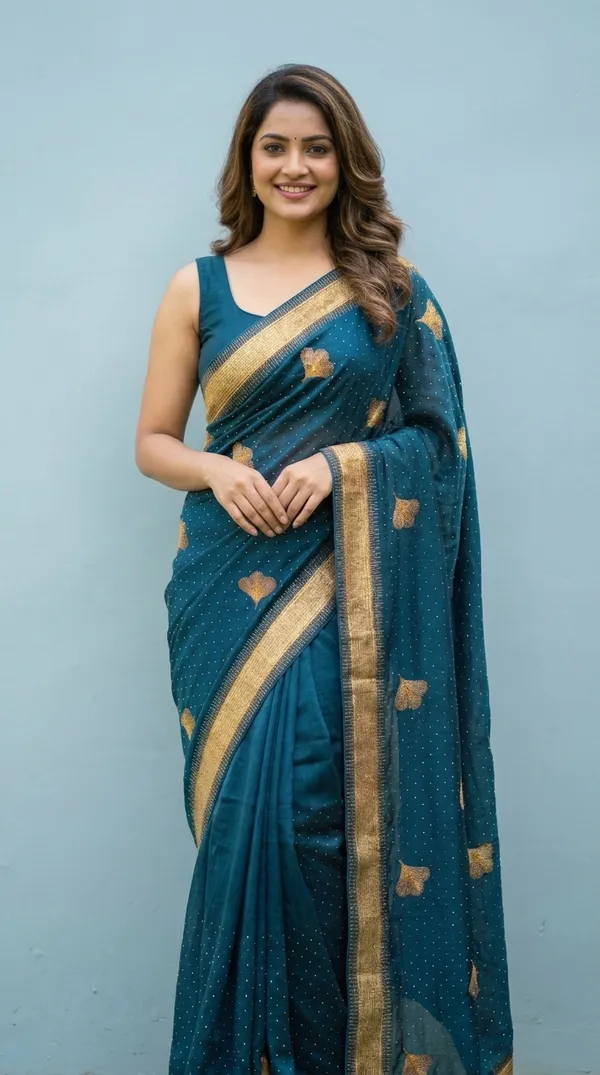 Ragreeti_Lifestyle_Chiffon_Georgette_Saree_|_Gold_Zari_Border_with_Ginko_Leaf_Embroidery_&_Stone_Work_Party_Wear_Sari