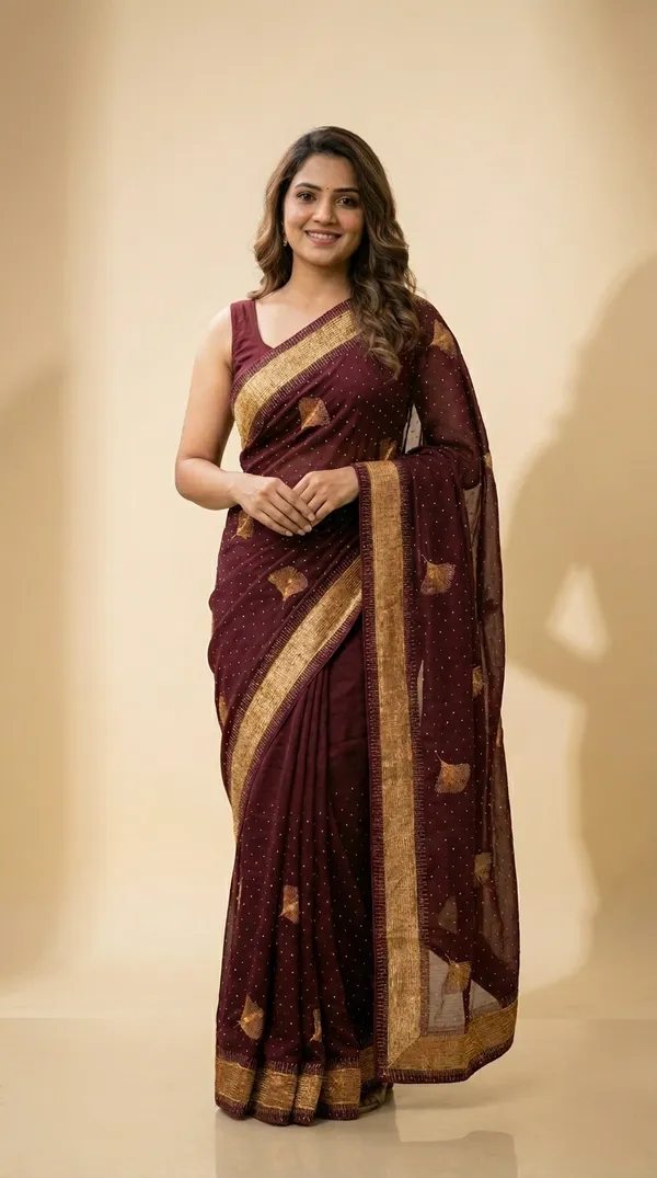 Ragreeti_Lifestyle_Chiffon_Georgette_Saree_|_Gold_Zari_Border_with_Ginko_Leaf_Embroidery_&_Stone_Work_Party_Wear_Sari