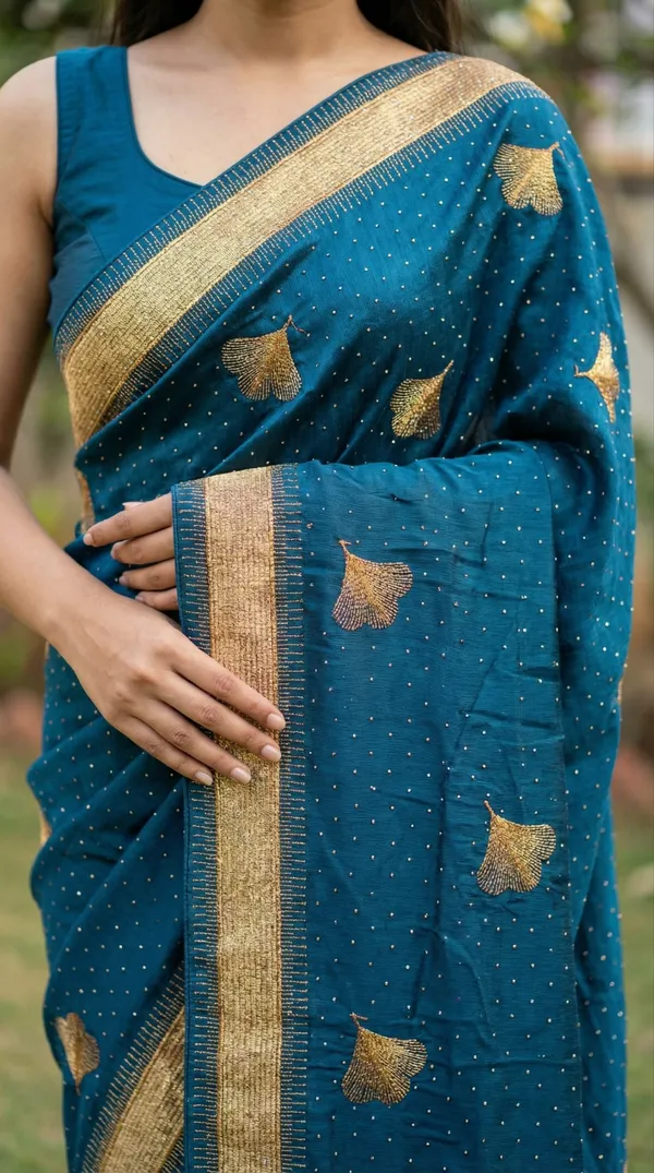 Ragreeti_Lifestyle_Chiffon_Georgette_Saree_|_Gold_Zari_Border_with_Ginko_Leaf_Embroidery_&_Stone_Work_Party_Wear_Sari