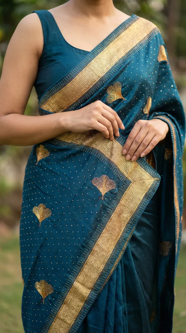 Ragreeti_Lifestyle_Chiffon_Georgette_Saree_|_Gold_Zari_Border_with_Ginko_Leaf_Embroidery_&_Stone_Work_Party_Wear_Sari