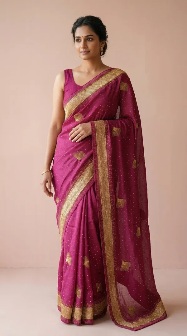 Ragreeti_Lifestyle_Chiffon_Georgette_Saree_|_Gold_Zari_Border_with_Ginko_Leaf_Embroidery_&_Stone_Work_Party_Wear_Sari