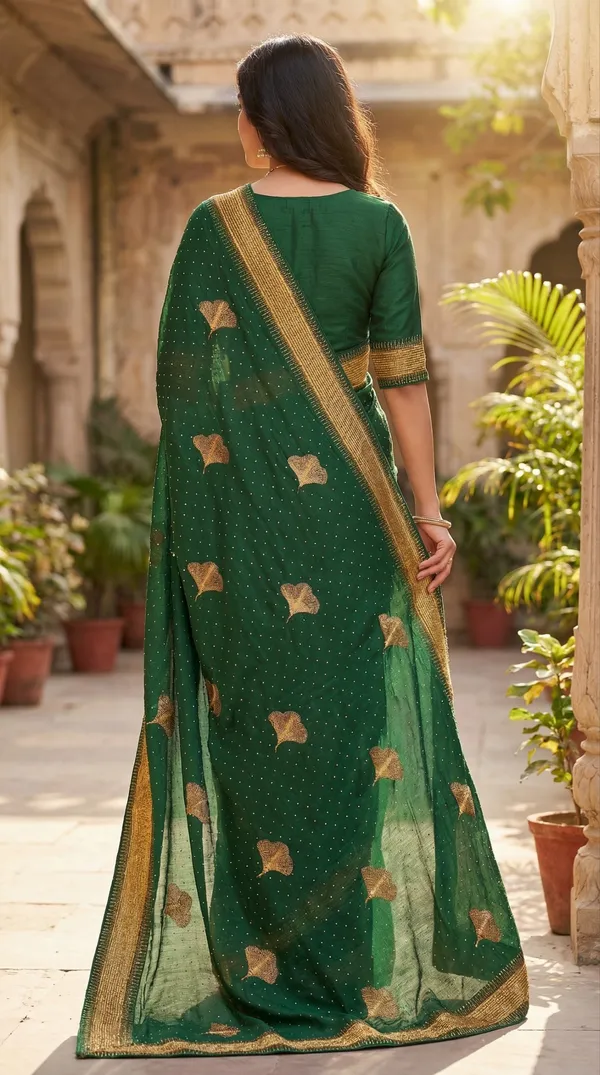 Ragreeti_Lifestyle_Chiffon_Georgette_Saree_|_Gold_Zari_Border_with_Ginko_Leaf_Embroidery_&_Stone_Work_Party_Wear_Sari