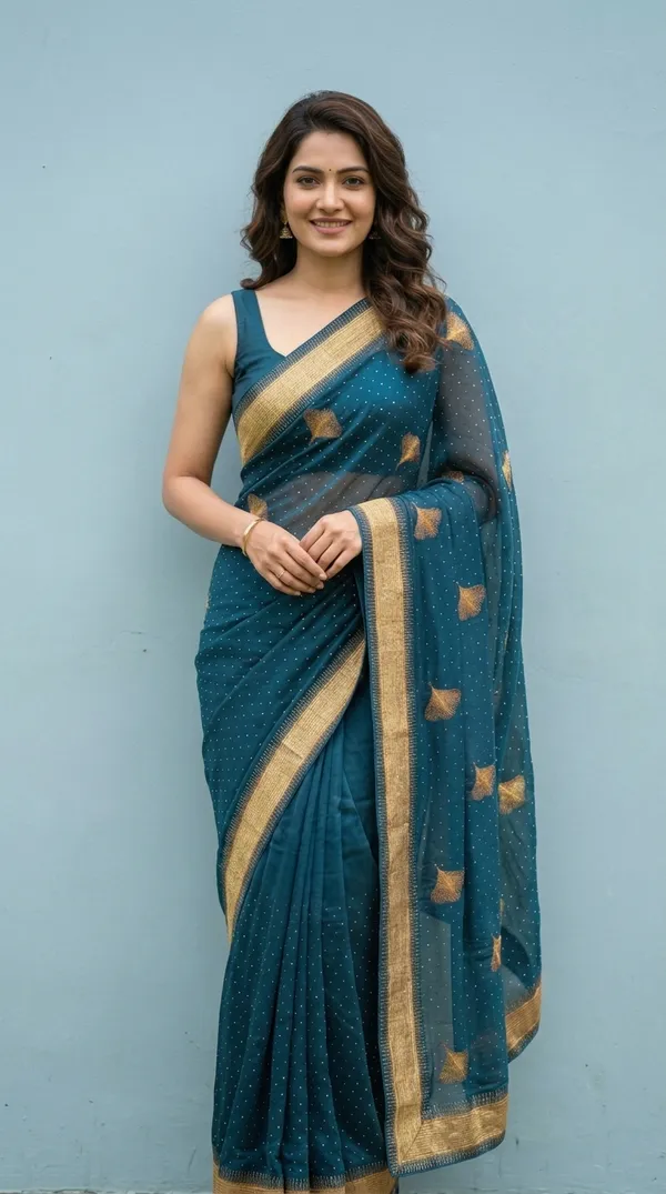 Ragreeti_Lifestyle_Chiffon_Georgette_Saree_|_Gold_Zari_Border_with_Ginko_Leaf_Embroidery_&_Stone_Work_Party_Wear_Sari