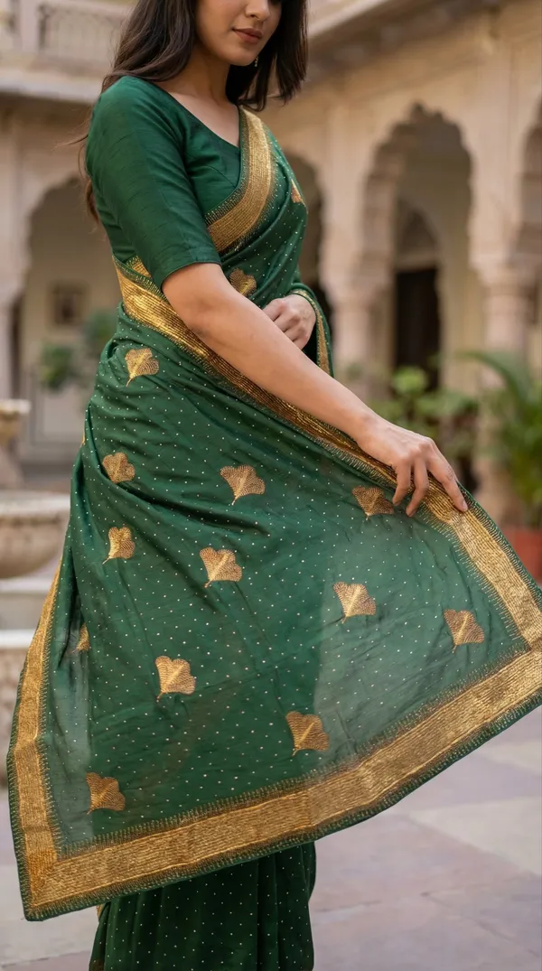 Ragreeti_Lifestyle_Chiffon_Georgette_Saree_|_Gold_Zari_Border_with_Ginko_Leaf_Embroidery_&_Stone_Work_Party_Wear_Sari