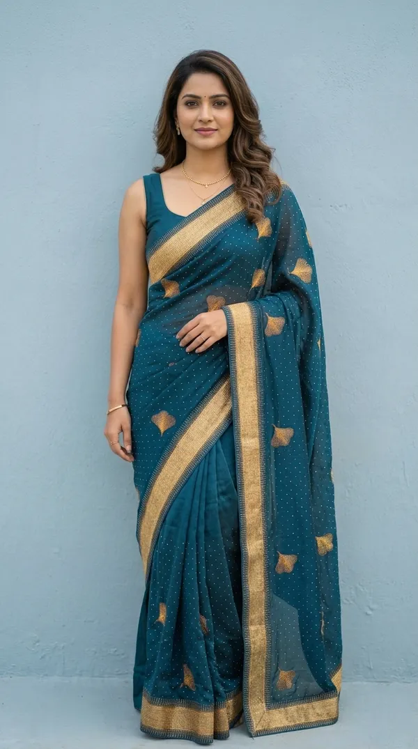Ragreeti_Lifestyle_Chiffon_Georgette_Saree_|_Gold_Zari_Border_with_Ginko_Leaf_Embroidery_&_Stone_Work_Party_Wear_Sari