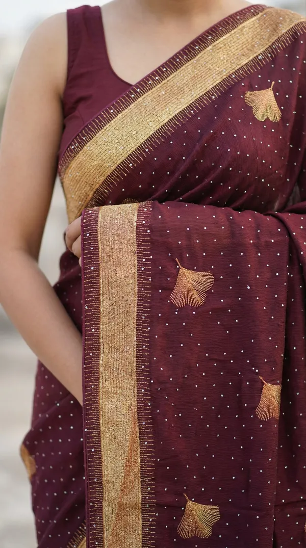 Ragreeti_Lifestyle_Chiffon_Georgette_Saree_|_Gold_Zari_Border_with_Ginko_Leaf_Embroidery_&_Stone_Work_Party_Wear_Sari