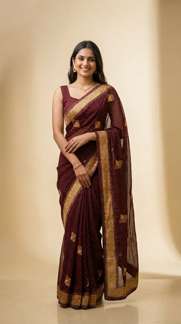 Ragreeti_Lifestyle_Chiffon_Georgette_Saree_|_Gold_Zari_Border_with_Ginko_Leaf_Embroidery_&_Stone_Work_Party_Wear_Sari