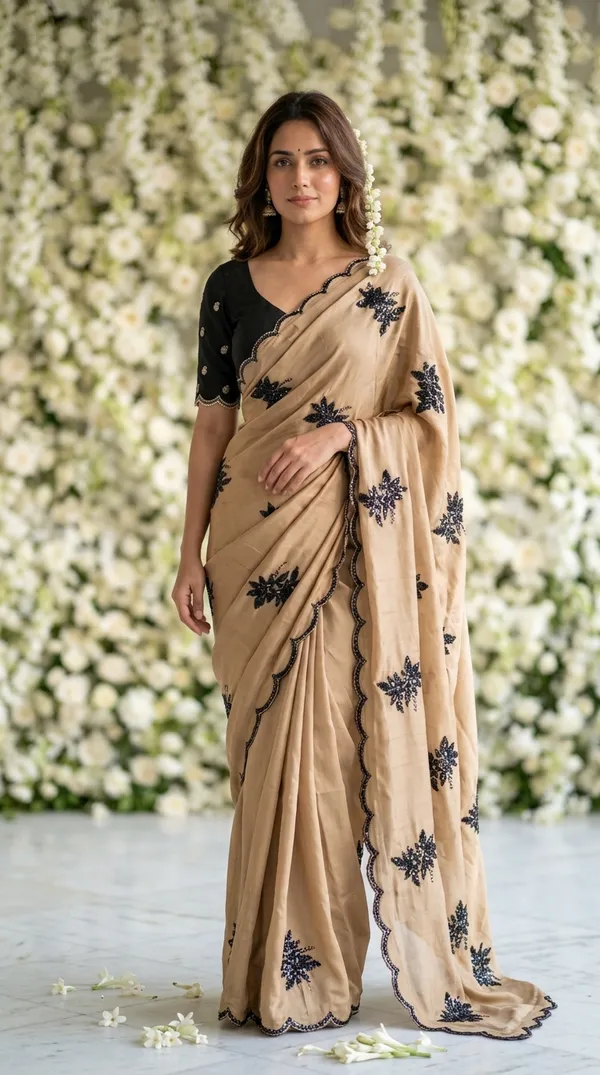 Ragreeti_Lifestyle_Coffee_Brown_Shimmer_Silk_Saree_|_Black_Floral_Embroidery_Butti_Work_with_Scalloped_Border_&_Designer_Blouse_(Coffee_Brown_&_Black)