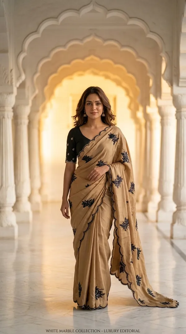 Ragreeti_Lifestyle_Coffee_Brown_Shimmer_Silk_Saree_|_Black_Floral_Embroidery_Butti_Work_with_Scalloped_Border_&_Designer_Blouse_(Coffee_Brown_&_Black)