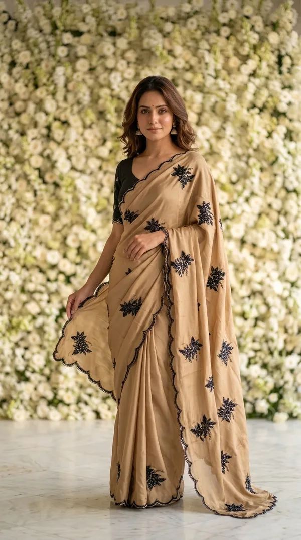 Ragreeti_Lifestyle_Coffee_Brown_Shimmer_Silk_Saree_|_Black_Floral_Embroidery_Butti_Work_with_Scalloped_Border_&_Designer_Blouse_(Coffee_Brown_&_Black)
