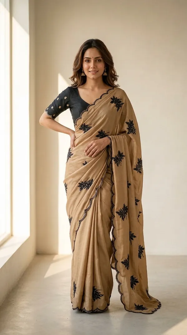 Ragreeti_Lifestyle_Coffee_Brown_Shimmer_Silk_Saree_|_Black_Floral_Embroidery_Butti_Work_with_Scalloped_Border_&_Designer_Blouse_(Coffee_Brown_&_Black)