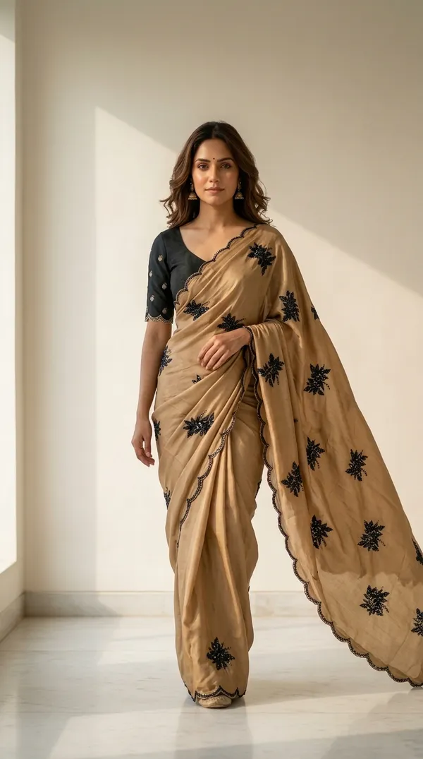 Ragreeti_Lifestyle_Coffee_Brown_Shimmer_Silk_Saree_|_Black_Floral_Embroidery_Butti_Work_with_Scalloped_Border_&_Designer_Blouse_(Coffee_Brown_&_Black)