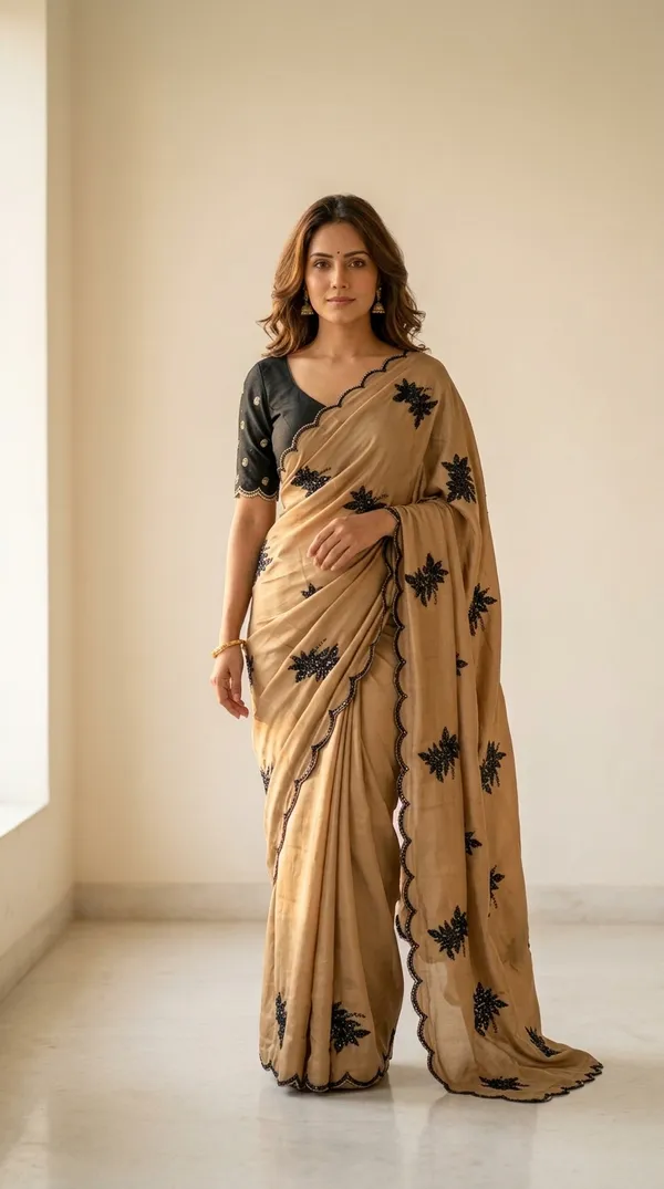 Ragreeti_Lifestyle_Coffee_Brown_Shimmer_Silk_Saree_|_Black_Floral_Embroidery_Butti_Work_with_Scalloped_Border_&_Designer_Blouse_(Coffee_Brown_&_Black)