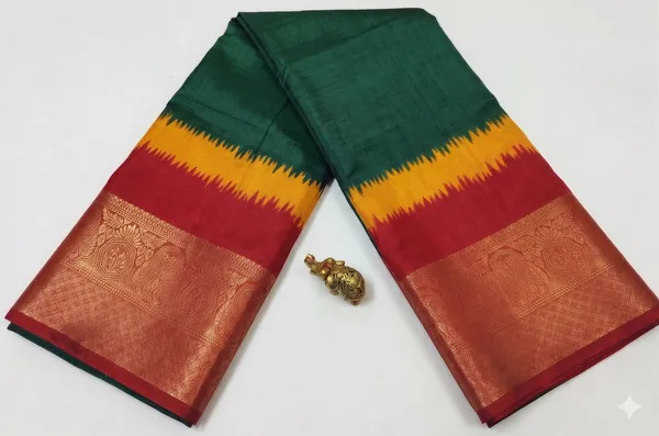 Ragreeti_Lifestyle_Pine_Green_and_Yellow_Silk_Saree_|_Traditional_Temple_Design_with_Contrast_Woven_Zari_Border_&_Rich_Red_Pallu_(Green,_Yellow_&_Red)